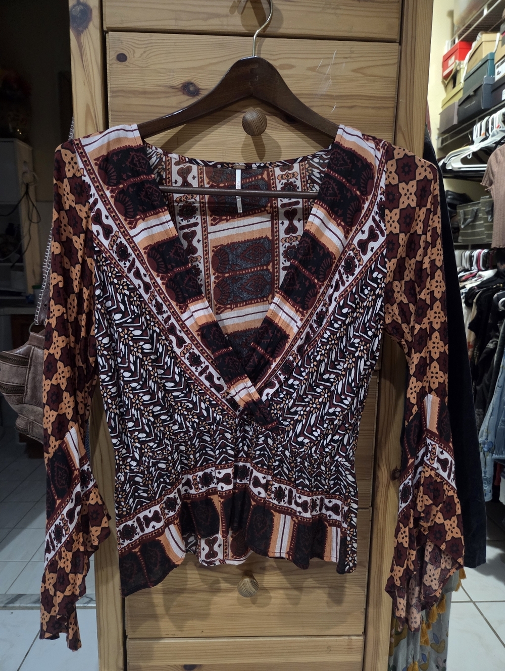 Free People Rosalie Boho Printed V-Neck Peasant Top in Rust - Picture 2 of 3